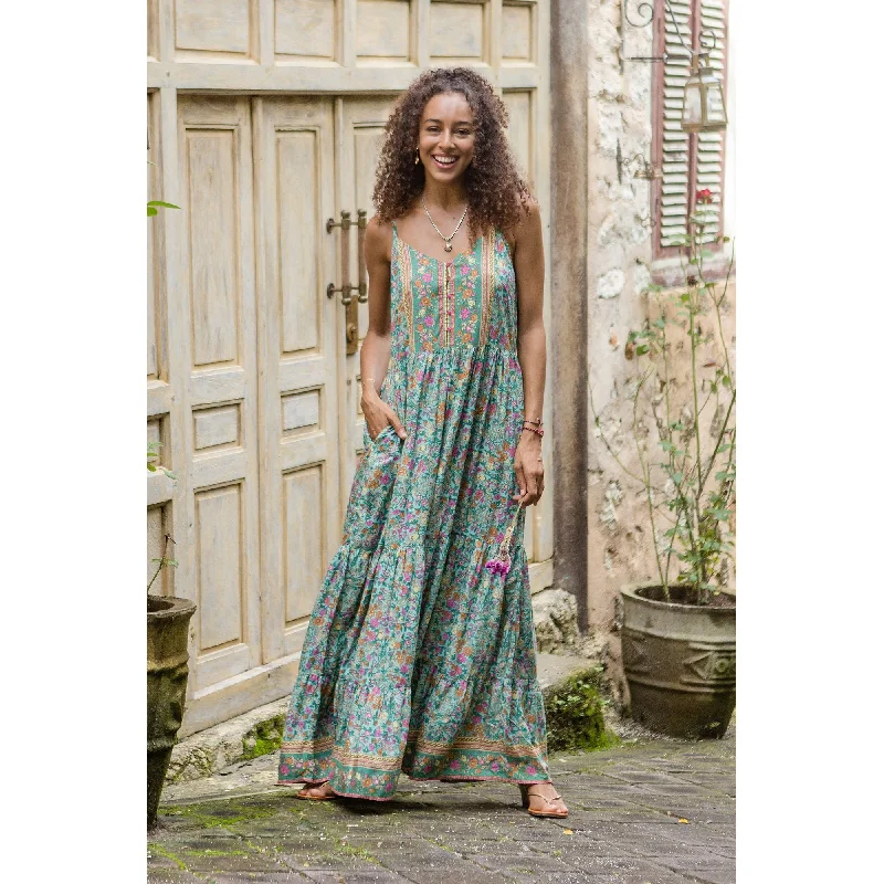 Novica Handmade Mint Garden Rayon Batik Maxi Dress