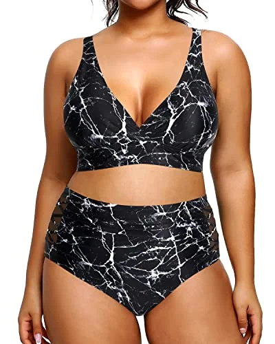 Women's Plus Size Two Piece Bikini Swimsuits High Waisted Tummy Control-Black Marble