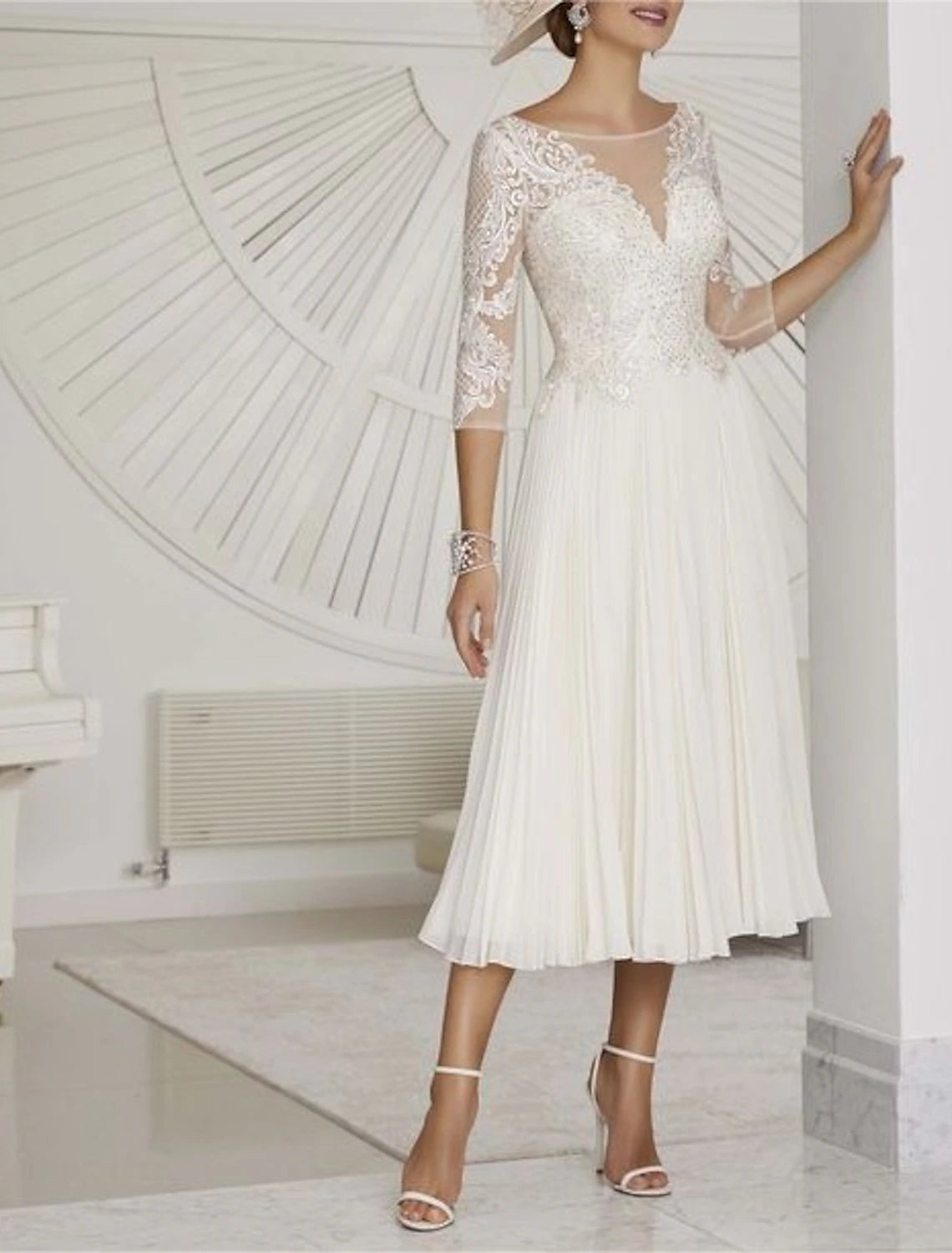 Little White Dresses Formal Wedding Dresses A-Line Boat Neck 3/4 Length Sleeve Tea Length Chiffon Bridal Gowns With Pleats Beading