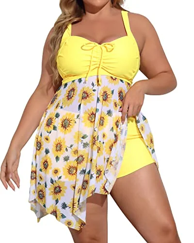 Slimming Ruffled Plus Size Two Piece Swimdress Beach Cover Up Dresses-Sunflower