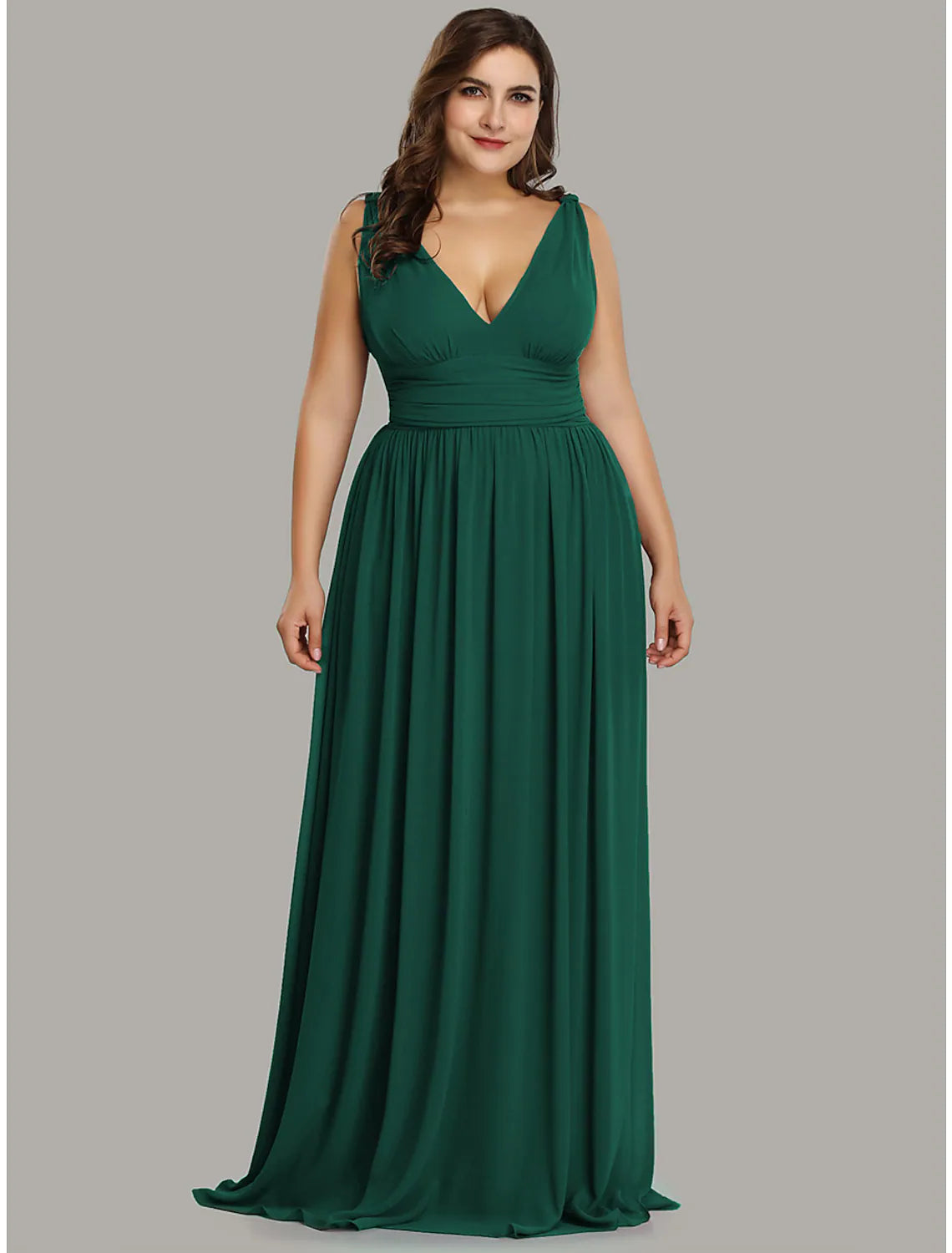 A-Line Plus Size Wedding Formal Evening Dress V Neck V Back Sleeveless Floor Length Chiffon with Pleats