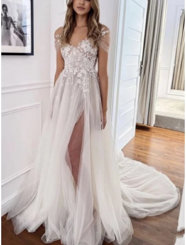 Beach Formal Wedding Dresses A-Line V Neck Short Sleeve Court Train Lace Bridal Gowns With Pleats Split Front