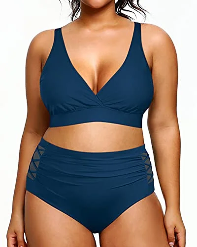 Plus Size Bikini High Waisted Swimsuits Tummy Control Swimwear-Teal