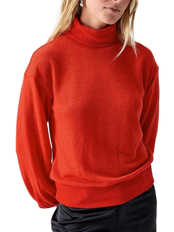 Womens Ruched Ribbed Trim Turtleneck Sweater